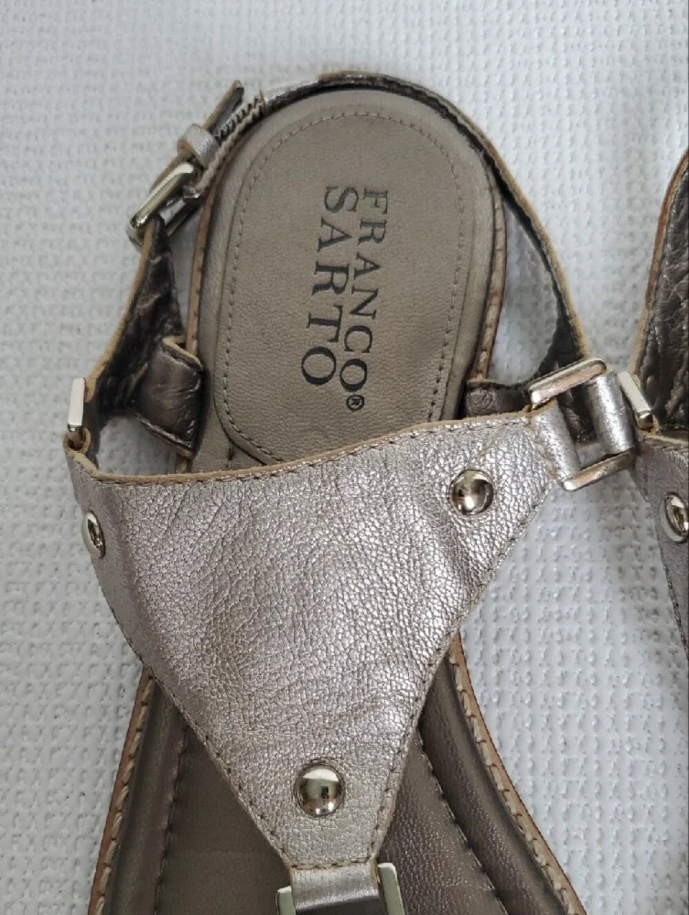 Franco Sarto Metallic Taupe Leather T-Strap Sandals